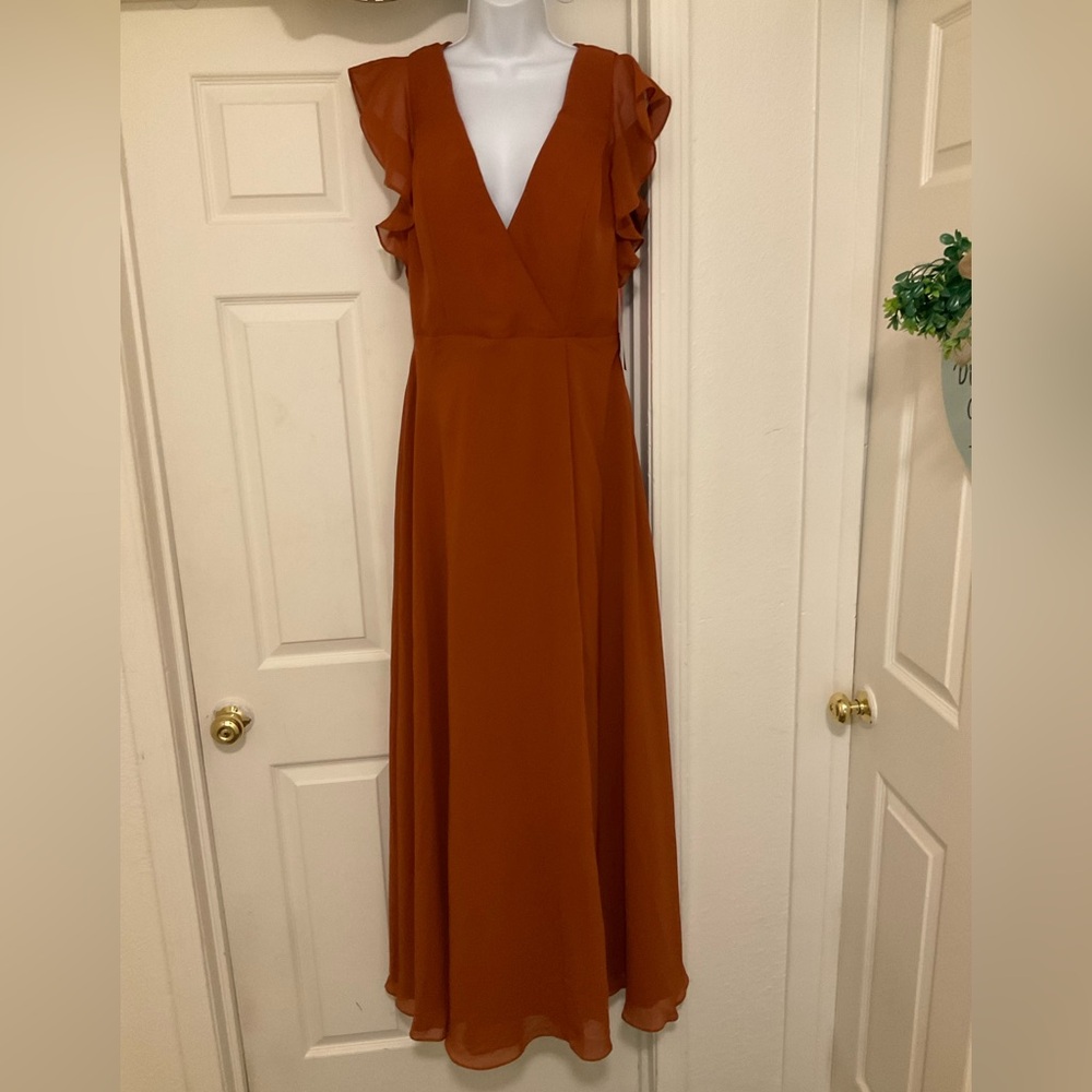 Deep V Ruffle Sleeve Maxi Dress in Rust